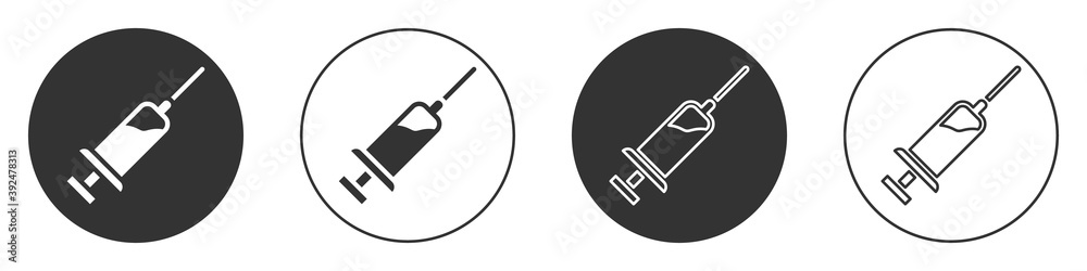 Black Syringe with serum icon isolated on white background. Syringe for vaccine, vaccination, injection, flu shot. Medical equipment. Circle button. Vector. Black Syringe with serum icon isolated on white background. Syringe for vaccine, vaccination, injection, flu shot. Medical equipment. Circle button. Vector.