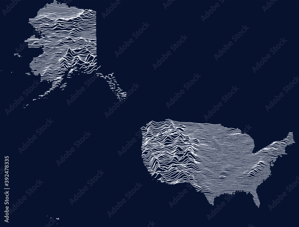 Topographic map of the United States of America with white contour ...