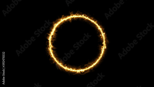 Beautiful ring of fire on black background. Abstract solar fire circle. Gradually appearing burning ring of fire.