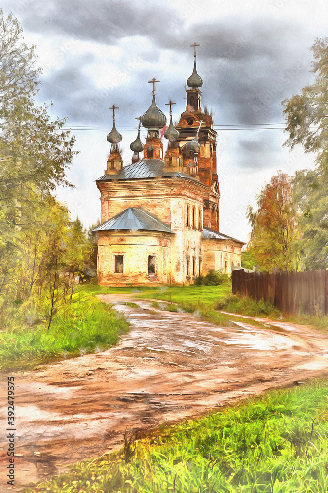 Russian orthodox church colorful painting, Kostroma region, Russia.