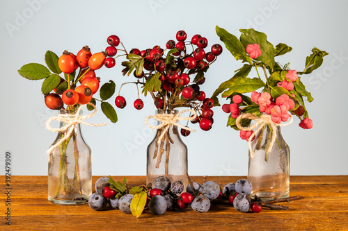 Xmas still life composition: glass jars with a cord ribbon bow and twigs of wild berries. Yellowish leaves and tiny little pine cones on a rustic table. Natural colors for a cozy season atmosphere. photo