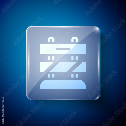 White End of railway tracks icon isolated on blue background. Stop sign. Railroad buffer end to destination. Square glass panels. Vector.