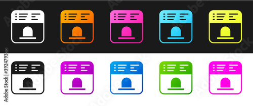 Set Ticket office to buy tickets for train or plane icon isolated on black and white background. Buying tickets. Ticket service. Vector.