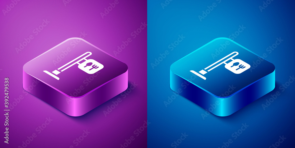 Isometric Cafe and restaurant location icon isolated on blue and purple background. Fork and spoon eatery sign inside pinpoint. Square button. Vector.. Isometric Cafe and restaurant location icon isolated on blue and purple background. Fork and spoon eatery sign inside pinpoint. Square button. Vector..