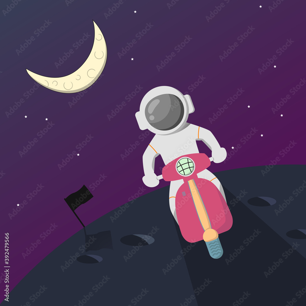 Fototapeta premium Cute astronaut driving motorcycle flat illustration