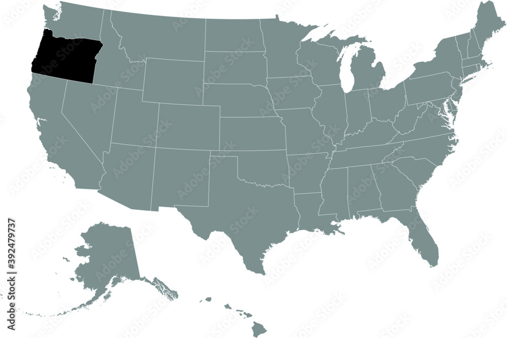 Black location map of US federal state of Oregon inside gray map of the United States of America