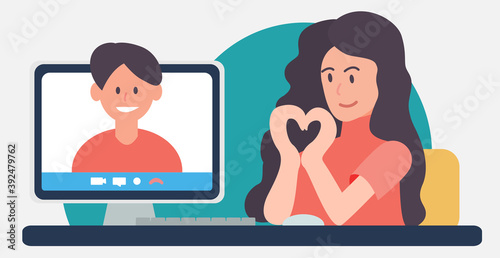 Concept of online dating. Girl and boy are chatting by videoconference at home. Heart sign with girl hands. Man at monitor screen. Virtual remote Valentine's day. Vector flat illustration. Banner