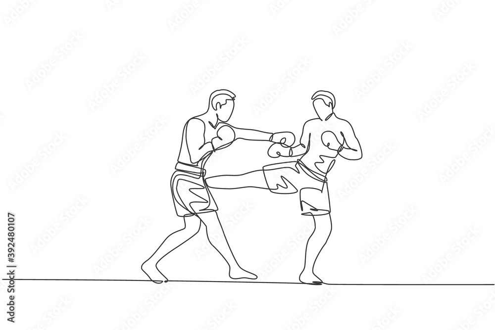 One single line drawing of young energetic man kickboxer fighting in local tournament at boxing arena vector illustration graphic. Healthy lifestyle sport concept. Modern continuous line draw design One single line drawing of young energetic man kickboxer fighting in local tournament at boxing arena vector illustration graphic. Healthy lifestyle sport concept. Modern continuous line draw design