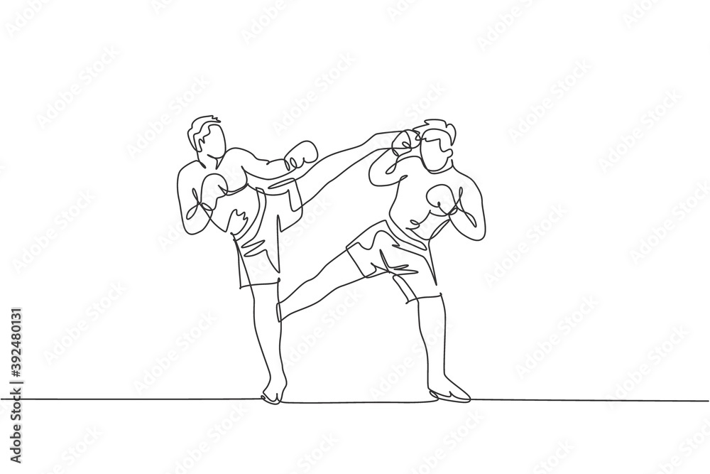 One single line drawing of young energetic man kickboxer practice sparring combat with partner in boxing arena vector illustration. Healthy lifestyle sport concept. Modern continuous line draw design