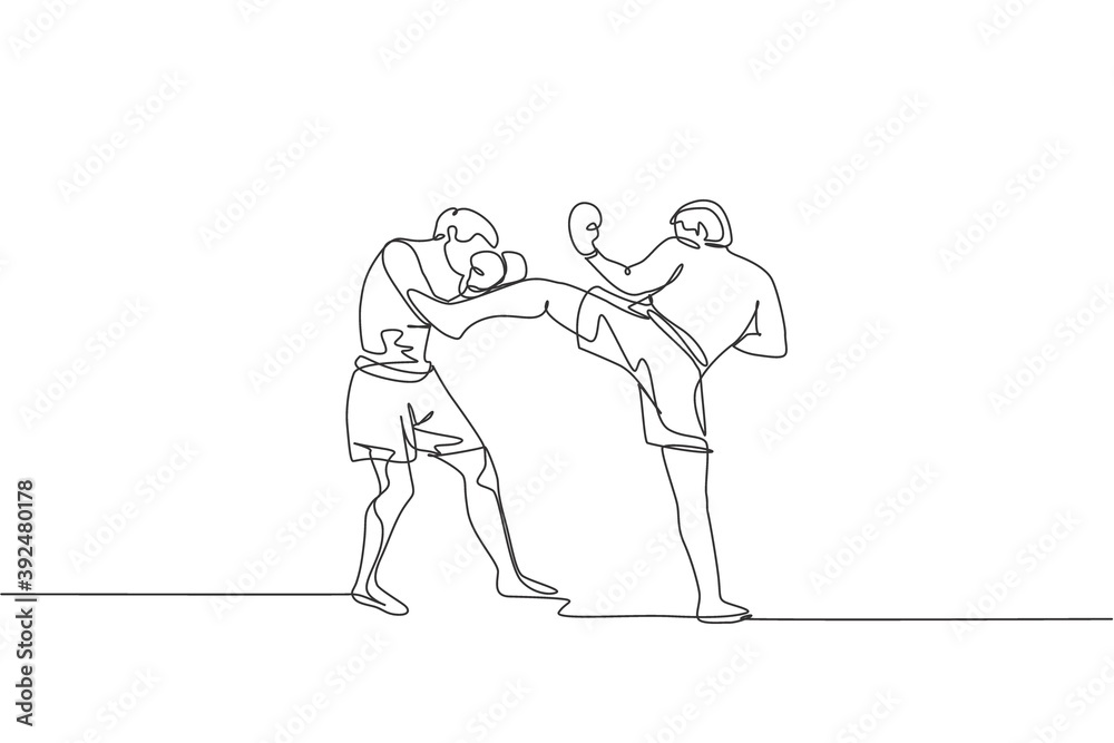 Single continuous line drawing of young sportive man kickboxer fight in sport arena for local championship title. Fight competition kickboxing sport concept. One line draw design vector illustration