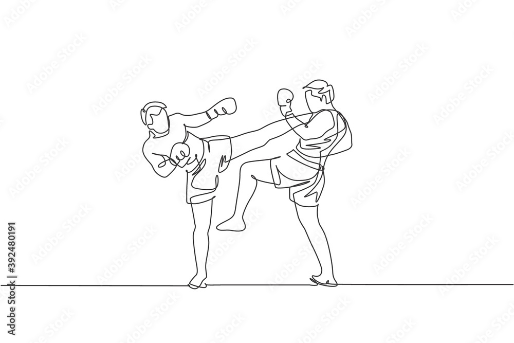 One continuous line drawing of two young sporty men kickboxer athlete exercise for sparring fight at gym center. Combative kickboxing sport concept. Dynamic single line draw design vector illustration
