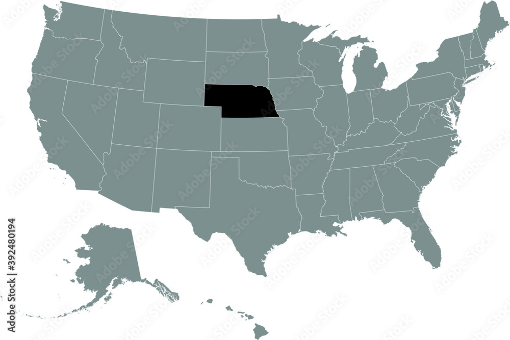 Black location map of US federal state of Nebraska inside gray map of the United States of America