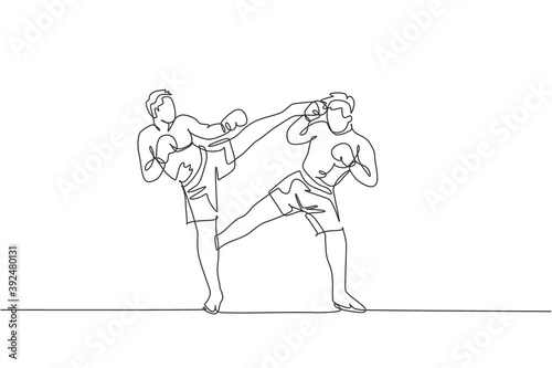 One single line drawing of young energetic man kickboxer practice sparring combat with partner in boxing arena vector illustration. Healthy lifestyle sport concept. Modern continuous line draw design