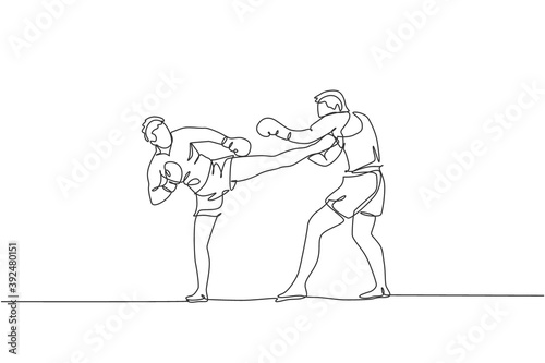 One continuous line drawing of two young sporty men kickboxer athlete training together at gym center. Sparring fight. Combative kickboxing sport concept. Single line draw design vector illustration