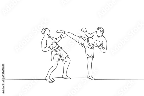One single line drawing of young energetic man kickboxer practice sparring fight with partner in boxing arena vector illustration. Healthy lifestyle sport concept. Modern continuous line draw design