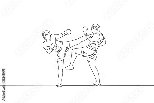 One continuous line drawing of two young sporty men kickboxer athlete exercise for sparring fight at gym center. Combative kickboxing sport concept. Dynamic single line draw design vector illustration