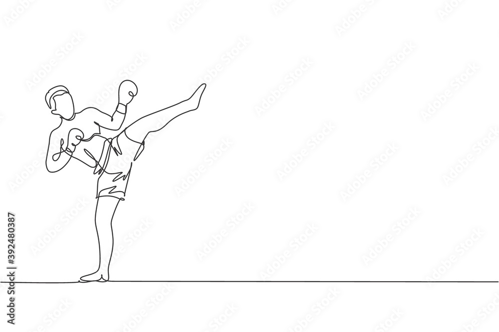 One single line drawing of young energetic man kickboxer practice high kick stance in boxing arena graphic vector illustration. Healthy lifestyle sport concept. Modern continuous line draw design One single line drawing of young energetic man kickboxer practice high kick stance in boxing arena graphic vector illustration. Healthy lifestyle sport concept. Modern continuous line draw design