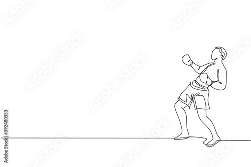 One continuous line drawing of young sporty man kickboxer athlete training defense move at gym center. Combative kickboxing sport concept. Dynamic single line draw design vector illustration graphic