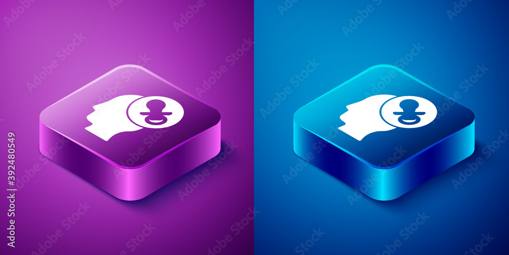 Isometric Baby dummy pacifier icon isolated on blue and purple background. Toy of a child. Square button. Vector. Isometric Baby dummy pacifier icon isolated on blue and purple background. Toy of a child. Square button. Vector.