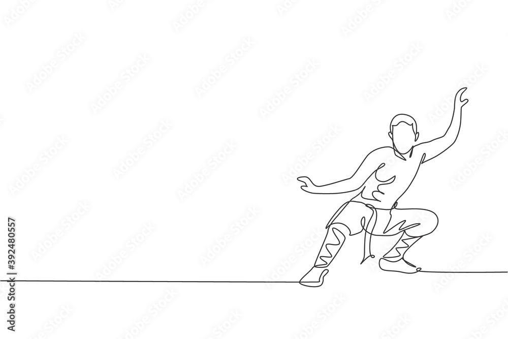 One continuous line drawing of young shaolin monk man practice kung fu style at temple ground . Traditional Chinese combative sport concept. Dynamic single line draw design vector illustration graphic