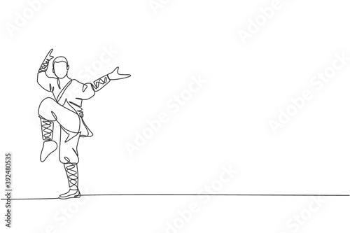One single line drawing young energetic shaolin monk man exercise kung fu fighting at temple graphic vector illustration. Ancient Chinese martial art sport concept. Modern continuous line draw design