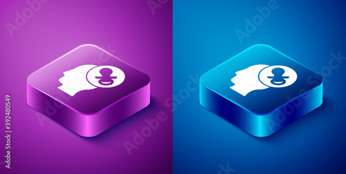 Isometric Baby dummy pacifier icon isolated on blue and purple background. Toy of a child. Square button. Vector.