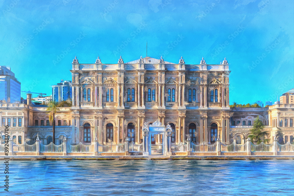 Dolmabahce Palace colorful painting, 1856, Bosphorus Istanbul Turkey.