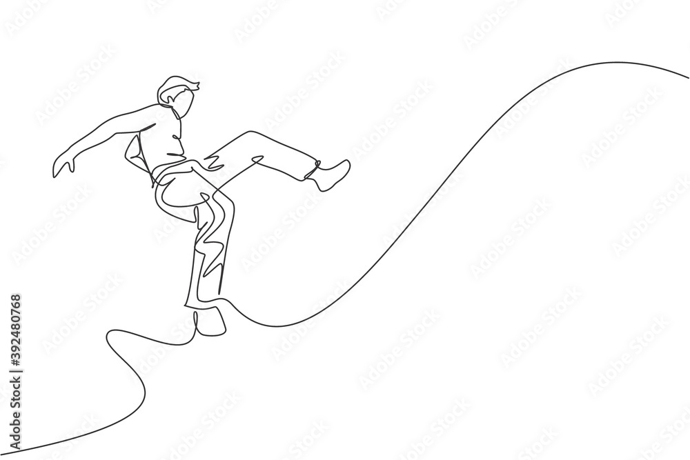 One single line drawing of young energetic man capoeira dancer perform jump dancing fight vector illustration. Traditional martial art lifestyle sport concept. Modern continuous line draw design One single line drawing of young energetic man capoeira dancer perform jump dancing fight vector illustration. Traditional martial art lifestyle sport concept. Modern continuous line draw design