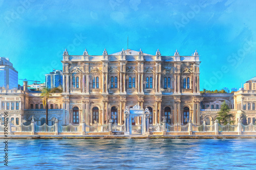 Dolmabahce Palace colorful painting, 1856, Bosphorus Istanbul Turkey.