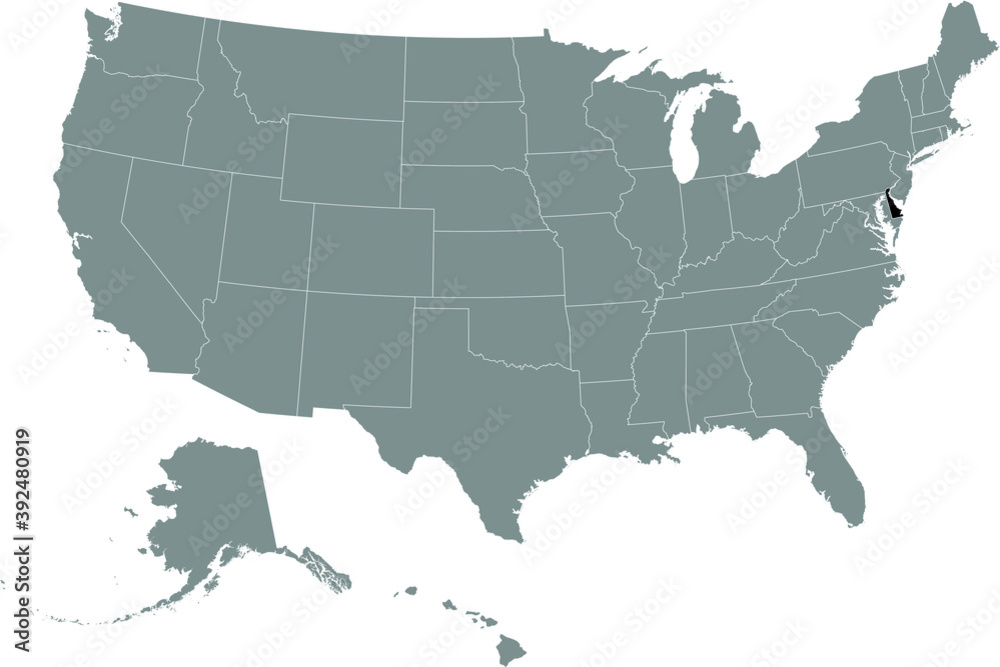 Black location map of US federal state of Delaware inside gray map of the United States of America