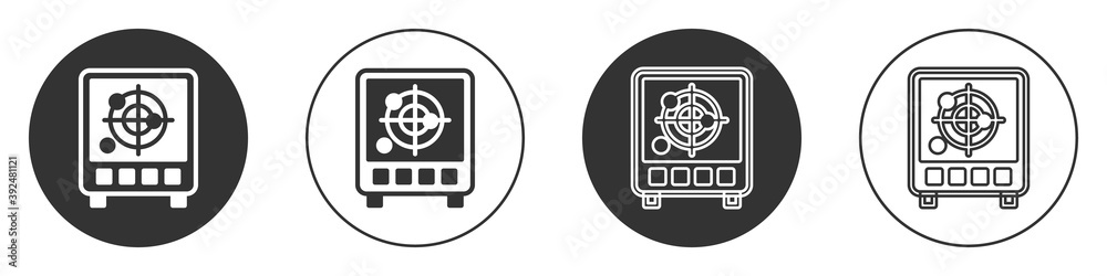 Black Radar with targets on monitor in searching icon isolated on white background. Search system. Navy sonar. Circle button. Vector.