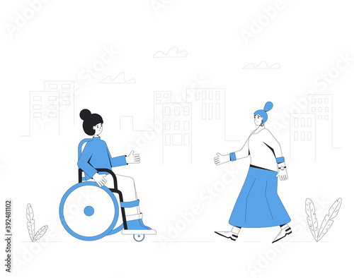 Young woman with disabilities meeting with her friend. Female character in wheelchair talking with adult womwn. Adult persons walking around a city. Vector flat illustration.