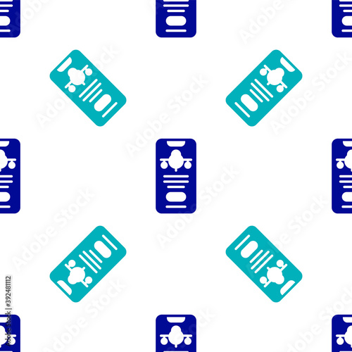 Blue Smartphone with electronic boarding pass airline ticket icon isolated seamless pattern on white background. Passenger plane mobile ticket for web and app. Vector.