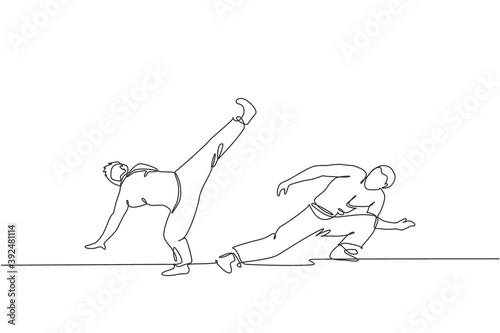 One continuous line drawing of two young sporty Brazilian fighter men training capoeira on the beach. Healthy traditional fighting sport concept. Dynamic single line draw design vector illustration
