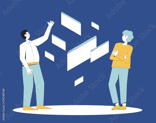 Data analysis concept. Adult characters with virtual screens. Male persons wearing in casual clothes talking about their job. Collegues meeting. Vector color flat illustration.