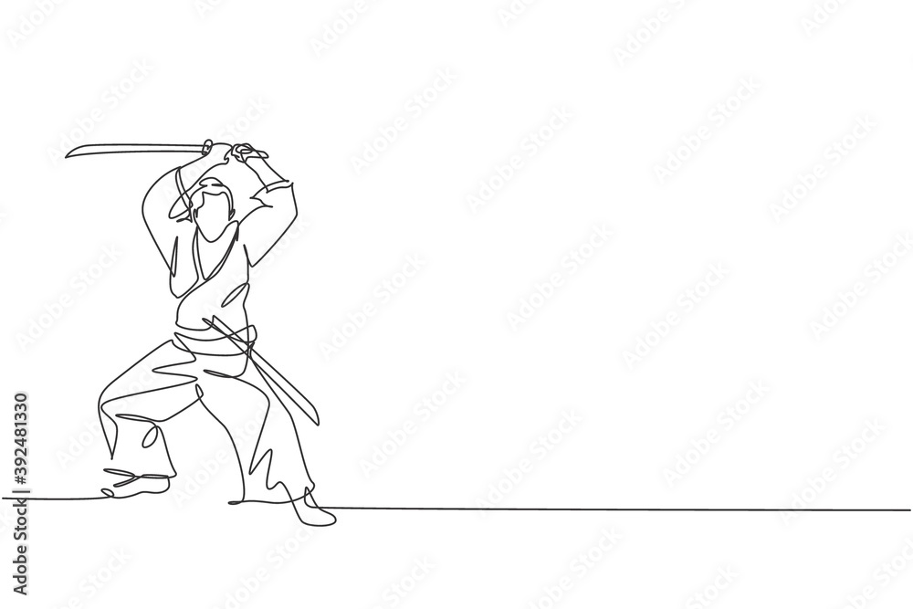 Single continuous line drawing of young strong samurai warrior wearing traditional uniform holding sword at festival. Ancient fighter soldier concept. Trendy one line draw design vector illustration Single continuous line drawing of young strong samurai warrior wearing traditional uniform holding sword at festival. Ancient fighter soldier concept. Trendy one line draw design vector illustration