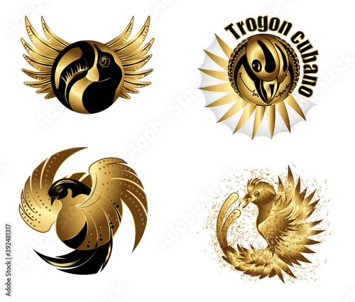 image of stylized exotic birds made in black with golden elements. Art deco style.