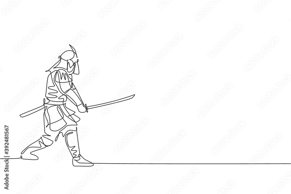 One single line drawing of young Japanese samurai warrior holding katana sword practicing at dojo center vector illustration graphic. Combative martial art concept. Modern continuous line draw design One single line drawing of young Japanese samurai warrior holding katana sword practicing at dojo center vector illustration graphic. Combative martial art concept. Modern continuous line draw design