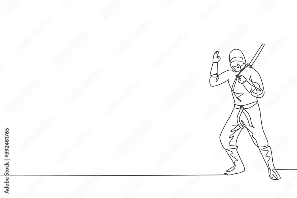 Single continuous line drawing of young Japanese culture ninja warrior on mask costume with attacking stance pose. Martial art fighting samurai concept. Trendy one line draw design vector illustration Single continuous line drawing of young Japanese culture ninja warrior on mask costume with attacking stance pose. Martial art fighting samurai concept. Trendy one line draw design vector illustration