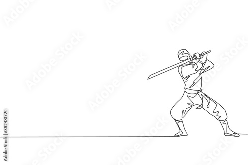One continuous line drawing of young brave Japanese ninja character on black costume with attacking position. Martial art fighting concept. Dynamic single line draw design vector graphic illustration