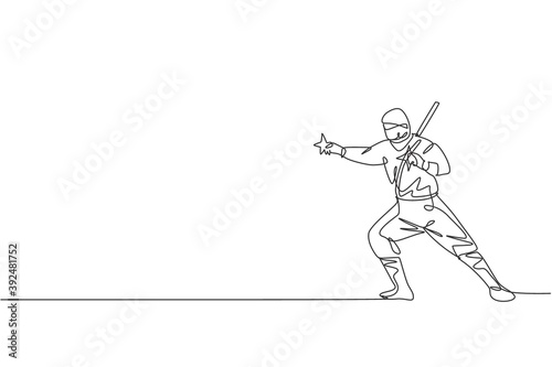 One continuous line drawing of young brave Japanese ninja character on black costume with attacking position. Martial art fighting concept. Dynamic single line draw design vector graphic illustration
