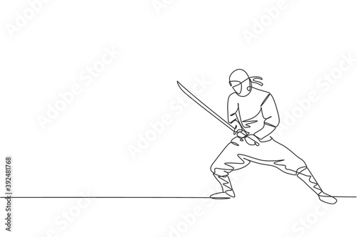 One single line drawing of young energetic Japanese traditional ninja holding samurai sword on attack pose vector illustration. Combative martial art sport concept. Modern continuous line draw design