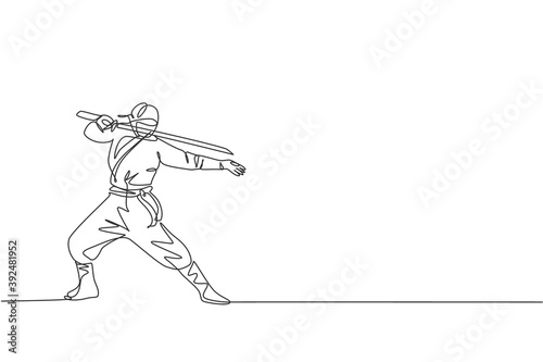 Fototapeta Naklejka Na Ścianę i Meble -  Single continuous line drawing of young Japanese culture ninja warrior on mask costume with attacking stance pose. Martial art fighting samurai concept. Trendy one line draw design vector illustration