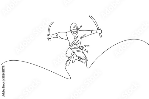 Obraz na plátně Single continuous line drawing of young Japanese culture ninja warrior on mask costume with jumping attack pose