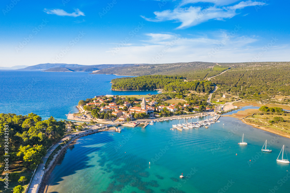 Aerial view of historic town of Osor between islands Cres and Losinj, Croatia