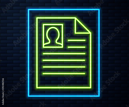 Glowing neon line Resume icon isolated on brick wall background. CV application. Searching professional staff. Analyzing personnel resume. Vector Illustration.