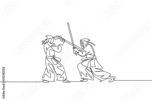 One continuous line drawing of two young sporty men fighting skill on kendo national competition in dojo center. Healthy martial art sport concept. Dynamic single line draw design vector illustration