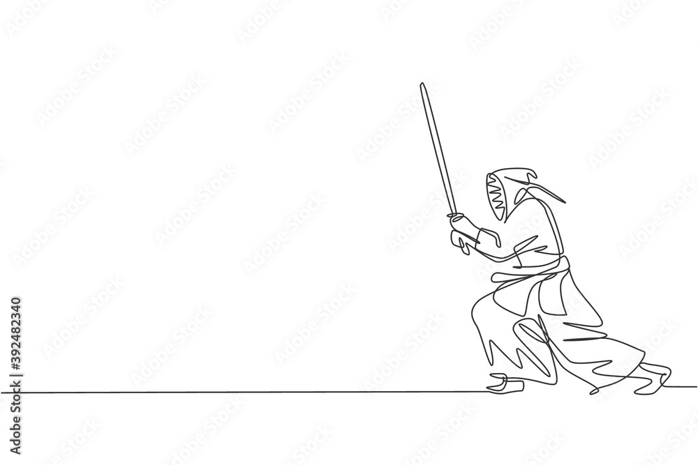 One continuous line drawing of young sporty man training kendo attack fighting skill in dojo center. Healthy martial art sport concept. Dynamic single line draw design graphic vector illustration