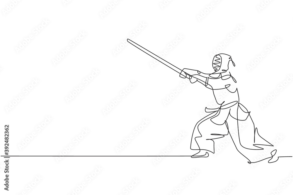 One single line drawing young energetic man exercise attack kendo skill with wooden sword at gym center graphic vector illustration. Combative fight sport concept. Modern continuous line draw design One single line drawing young energetic man exercise attack kendo skill with wooden sword at gym center graphic vector illustration. Combative fight sport concept. Modern continuous line draw design