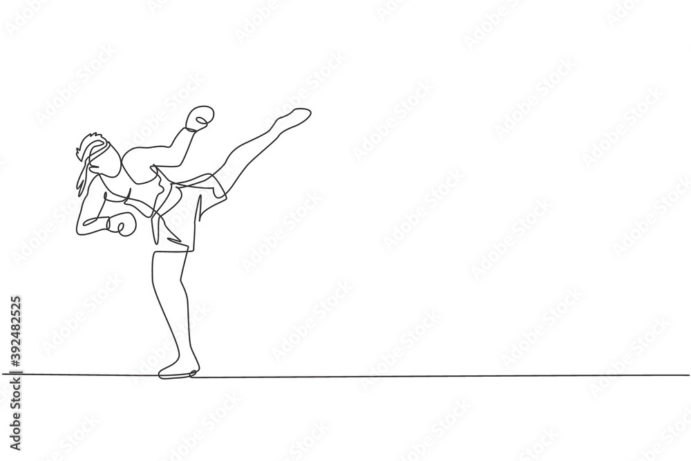 Single continuous line drawing young sportive man training thai boxing at gym club center. Combative muay thai sport concept. Competition event. Trendy one line draw graphic design vector illustration